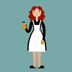Maid with cleaning spray isolated on blue background. Cartoon housewife illustration. Vector.