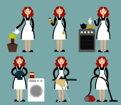 Housewife set. Cleaning lady. Cartoon character. Multitasking housewife. Housekeeper woman cleaning, cooking, washing, ironing. Vector.