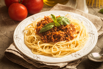 Spaghetti bolognese with ingredients