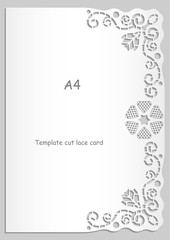 A4 paper lace greeting card, white pattern, lace decorations, cut-out template,  template congratulation, perforation pattern, vector