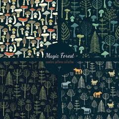 Seamless patterns set. Cute and childish patterns with Forest Trees, Animals, Mushrooms. Hand drawn illustration made in Vector. Can be used for wallpapers, pattern fills, surface textures, textile. - 110788903