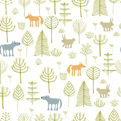 Forest seamless pattern. Hand drawn illustration of Trees and Animals made in Vector. Childish background. Can be used for pattern fills, wallpapers, web page backgrounds, surface textures, textile. - 110788960