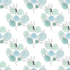 Watercolor texture. Seamless pattern. Watercolor circles in pastel colors with handdrawn flowers, branches, floral elements on white background. Delicate mint and blue colors and romantic design.