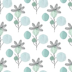 Watercolor texture. Seamless pattern. Watercolor circles in pastel colors with handdrawn flowers, branches, floral elements on white background. Delicate mint and blue colors and romantic design.