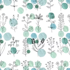 Afwasbaar behang Aquarel textuur. Naadloze patroon. Aquarel cirkels in pastelkleuren met handgetekende bloemen, takken, bloemen elementen op witte achtergrond. Delicate mint en blauwe kleuren en romantisch design. © Anna Isaeva