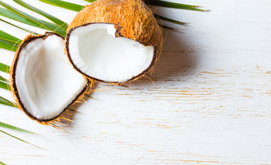 Fototapeta na wymiar Coconut on palm tree leave, white background. Top view