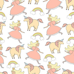 Girlish seamless pattern with princess and unicorn. Handdrawn illustration made in vector.