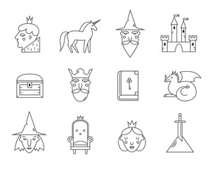 Fairy tail icons set. Vector symbols isolated on white background. Prince, wizard, king, unicorn, witch, dragon, sword, armchair,castle. - 110789583