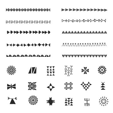 Hand drawn set of ethnic design symbols and pattern brushes made in vector. Geometric decor elements, labels, badges. Trendy backgrounds and logotypes.Hipster design. Isolated.