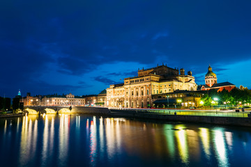 Fototapeta na wymiar Night View Of Illuminated Stockholm Royal Opera, Sweden