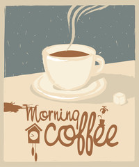 retro banner with a cup of morning coffee on the table