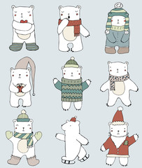 Set of cute polar bears on blue background. Hand drawn illustration. Vector. Isolated. Christmas childish pattern. Bears in Clothing - hat, sweater, scates, scarf, cap. Cute Teddy Bear Collection. - 110792362
