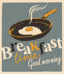 Vector banner for breakfast time with a frying pan and fried eggs in retro style