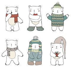 Set of cute polar bears on white background. Hand drawn illustration. Vector. Isolated. Christmas childish pattern. Bears in Clothing - hat, sweater, scarf, cap. Cute Teddy Bear Collection. - 110792579