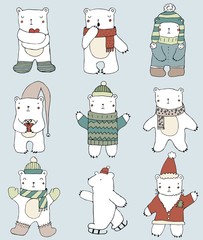 Set of cute polar bears on white background. Hand drawn illustration. Vector. Isolated. Christmas childish pattern. Bears in Clothing - hat, sweater, scarf, cap. Cute Teddy Bear Collection.