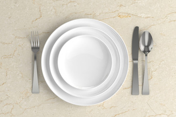 three empty plates, spoon, fork and knife