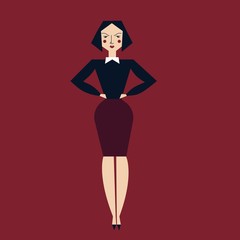 Cartoon vector business woman illustration. Boss in a skirt. Angry and single-minded woman. Isolated on red background. Standing businesswoman. Modern flat illustration.