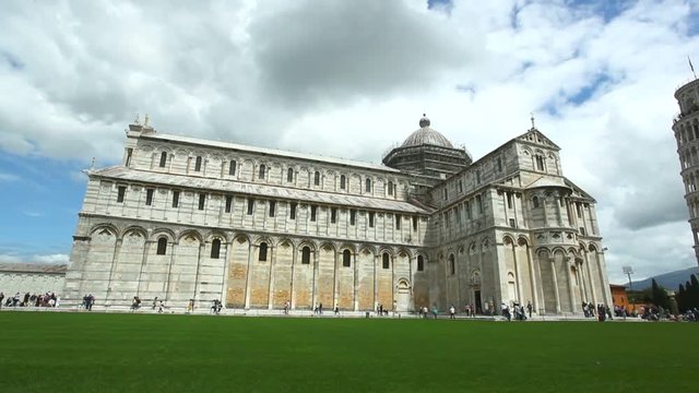View of historical Cathedral Square of Pisa with leaning Tower.