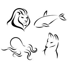 Animals, black lines, ink effect. Lion head, octopus, wolf, grampus logo icon design in mono line style. Dark on light background. Vector.