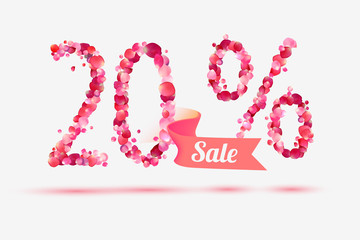 twenty (20) percents sale. Digits of pink rose petals