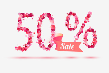 fifty (50) percents sale. Digits of pink rose petals