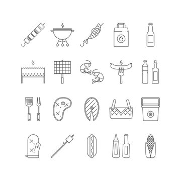 Summer barbecue lined icon set.