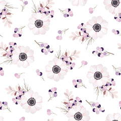 Vector seamless pattern with flower bouquet. Anemone, branches and berries.