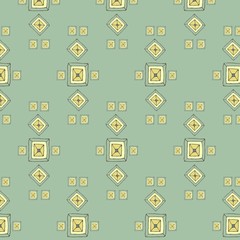 Abstract ethnic seamless pattern. Yellow square on mint background.