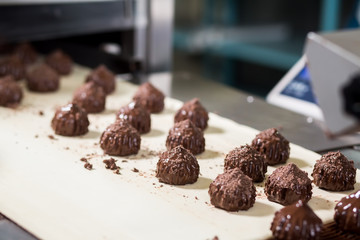 Candies with shavings on conveyor. Dark sweets on beige cloth. Refined taste of new dessert. Sweet delicacy made of chocolate.