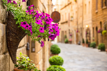 View of the ancient old european street in Pienza. Italy.