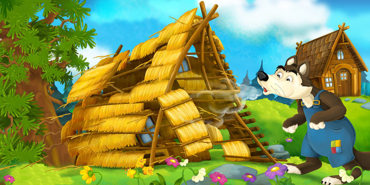 Fototapeta Cartoon scene of house being demolished - wolf puffing - illustration for children