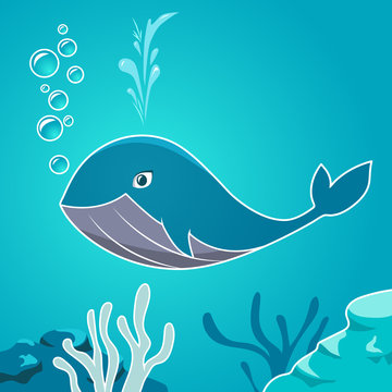 Cartoon blue whale under water. Whale on a background seabed.