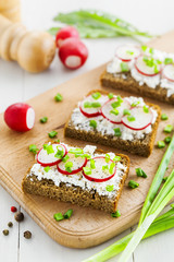 Open sandwiches with soft cream cheese and fresh radish. Summer food on table.