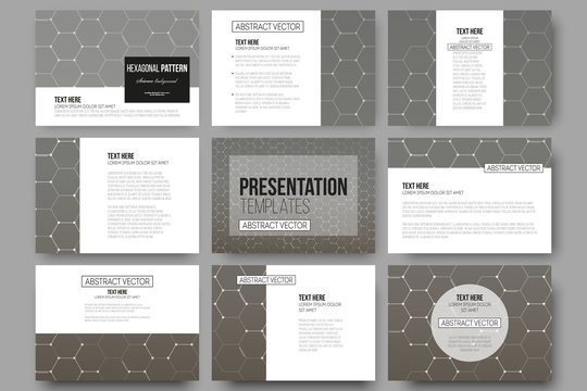 Set of 9 templates for presentation slides. Chemistry pattern, hexagonal design vector illustration