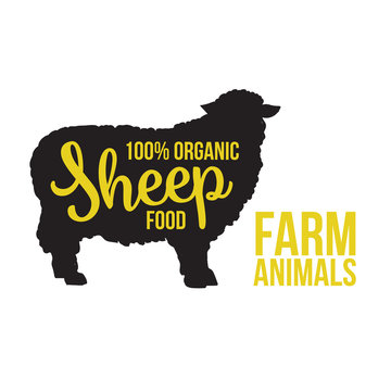 Black contour farm sheep animal with a yellow lettering inscription inside, Logo sheep animal, outline for the product, illustration contour farming sheep with lettering on the mutton meat