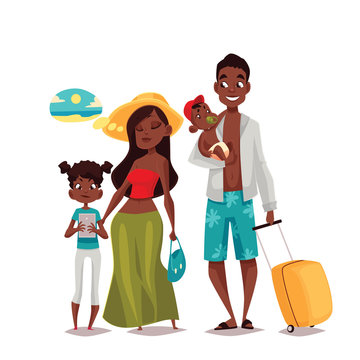 African Family on vacation, cartoon comic illustration of four people on a white background, traveling and vacationing African family with luggage and children, four people
