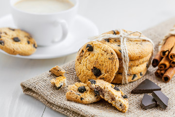 Sweet biscuits with chocolate for dessert. Coffee break with chip cookies.