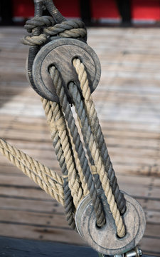 Pulley on an old yacht moored in Los Christianos harbour Tenerif
