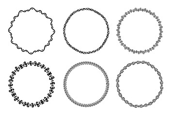 Collection of round decorative frames and labels with lines, symmetric geometric shapes 