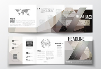 Set of tri-fold brochures, square design templates. Abstract blurred background, modern stylish dark vector texture.