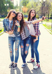 Young happy teenage girls making selfie and having fun in summer park