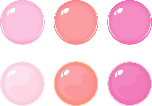Illustration of icon bottons isolated on white. Set of light pink, orange, purple color labels, 6 bottons. Multi-colored glass balls. Vector