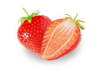 Isolated strawberries .One and a half strawberry fruits isolated on white background with clipping path