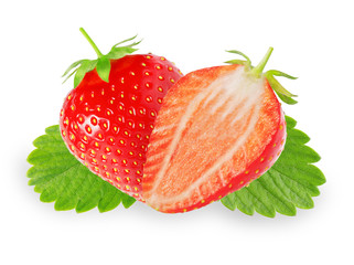 Isolated strawberries .One and a half strawberry with leaves isolated on white background with clipping path
