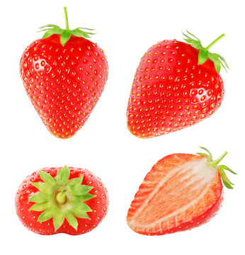 Isolated strawberries .Collection of whole strawberry and slices isolated on white background with clipping path