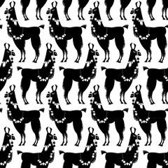 Lama Alpaca. Black and white. Seamless background pattern. © ngvozdeva
