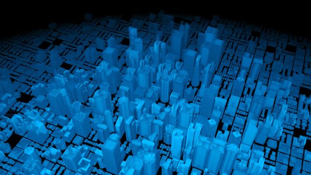 Formation of virtual reality city / 3D animation of camera panning around growing cg city ending up viewing skyline