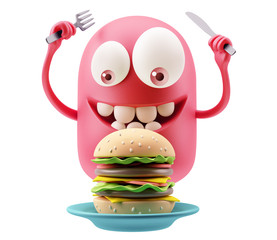 Eat Cheese Burger Emoticon Character Face Expression. 3d Renderi