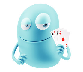 Emoji Cartoon Holding Pocker Playing Cards. 3d Rendering.