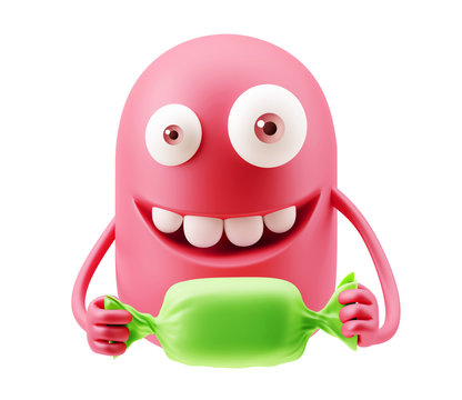 Candy Present Emoticon Character Face Expression. 3d Rendering.
